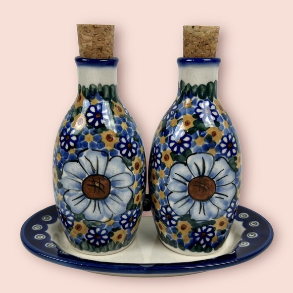 W.R. Ceramika/Zaklady Other - Polish Pottery Oil & Vinegar Cruets by W.R. Ceramika WR2B-RC4 w/Zakady Tray